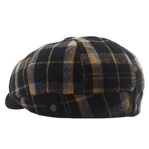 Plaid wool newsboy cap with vintage check pattern and decorative metal side button