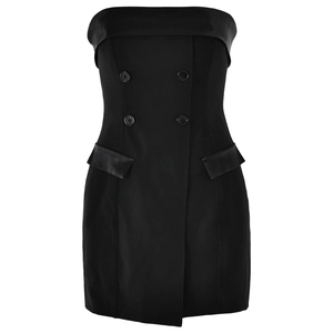 Elegant black strapless mini dress with double-breasted buttons and tailored pockets