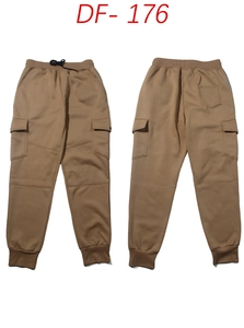 Detail view of khaki fleece drawstring cargo sweatpants with ribbed cuffs and side pockets