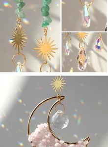 Detail collage of crystal suncatchers with gold moon accents and rainbow prisms