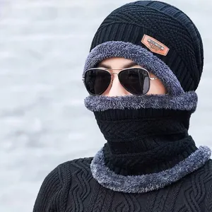 Men's winter knit beanie hat and neck warmer scarf set with warm fleece lining