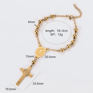 Golden stainless steel rosary bracelet with 6mm beads, holy medal and cross pendant