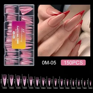 Size chart showing 15 stiletto nail mold dimensions for extension kits in millimeters