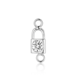 Macro view of silver metal padlock pendant with centered clear crystal for DIY jewelry