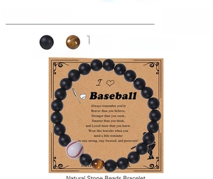 Detail view of 8mm black matte and tiger eye beads on an I Love Baseball card