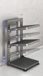 Detail of adjustable grey multi-tier pot rack with height-flexible metal shelf slots