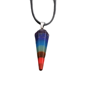 Seven chakra energy stone necklace with a geometric conical pendant on a black cord