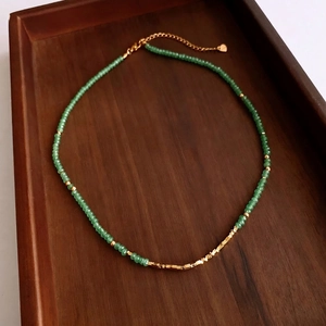 Adjustable 18K gold plated green aventurine beaded necklace with vintage heart charm