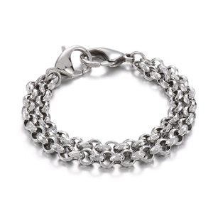 Bracelet chaîne double rangée en acier inoxydable argenté avec fermoirs mousqueton