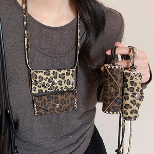 Leopard print mini bag pendant necklace with handmade stitching and metal snap closure