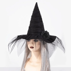Baroque witch hat with black roses and mesh veil for Halloween cosplay costume