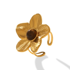 Elegant gold flower ring with brown gemstone center and adjustable stainless steel band