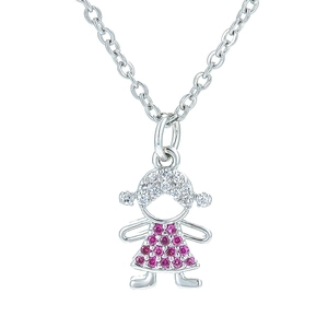 Silver girl pendant necklace with pink stones and white zircons on a delicate chain