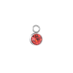 Macro shot of 6mm red crystal birthstone pendant with silver stainless steel setting