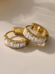 Close-up of 18k gold plated stainless steel hoop earrings with square zircon stones