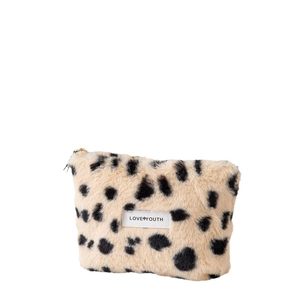 Retro leopard print plush cosmetic bag with Love Youth label and gold zipper on white background