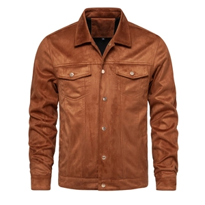 Close-up of camel faux suede jacket featuring metal buttons and flap chest pockets