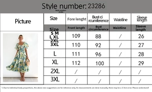 Size guide for floral puff sleeve dress with bust and length measurements in centimeters