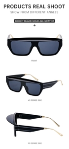 Detailed views of square black and gold sunglasses with dark grey lenses in multiple angles
