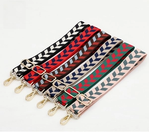 Detail view of woven jacquard straps with gold hardware in various chevron patterns