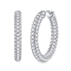 Elegant minimalist silver hoop earrings with double row of sparkling moissanite stones