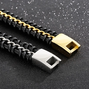 Punk hip hop braided leather bracelet with stainless steel clasp for men and women