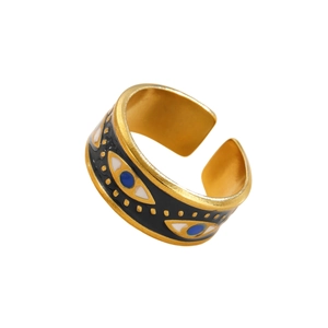 Detailed view of evil eye open ring with blue white black enamel and gold dots