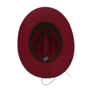 Detail of burgundy jazz fedora showing inner size 57 label and 100% polyester material