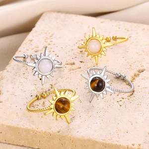 Bohemian sunburst stainless steel adjustable rings with stone inlay in gold and silver