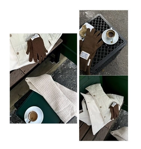 Brown wool knit gloves with beige scarf detail shown in a collage of autumn lifestyle scenes