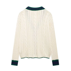 Back view of cream cable-knit cardigan with striped ribbed trim in green and navy blue