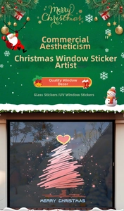 Pink hand-drawn Christmas tree window sticker with Merry Christmas typography and UV printing