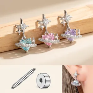 Heart Planet Cartilage Stud Earrings Titanium Steel Zircon Star Screw Back Piercing Jewelry For Women