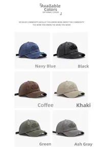 Collage de six casquettes de baseball délavées en bleu marine, noir, café, kaki, vert et gris