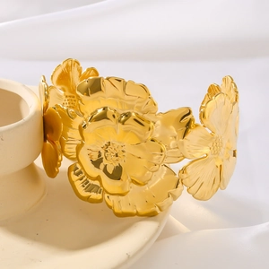 Exaggerated golden flower open bangle in 18K gold plated stainless steel for women