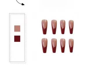 Detail of long ballet-shaped red French press-on nails with wine red tips and nude base