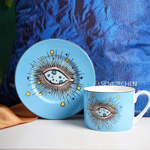 Nordic Ceramic Coffee Cup And Saucer Eye Pattern Porcelain Tea Cup With Gold Trim For Home Office Afternoon Tea