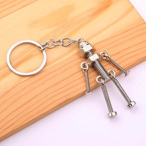 Handmade DIY vintage silver metal robot keychain with movable screw and nut parts