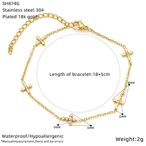 18K gold plated stainless steel cross pendant bracelet with 18+5cm adjustable chain
