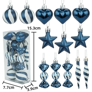 Blue and silver 13-piece Christmas ornament set with glitter stars, hearts and balls