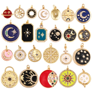 Enamel celestial charms set with sun, moon, stars, and colorful zircon inlay in gold plating