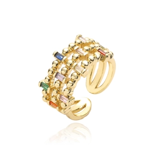 Gold plated wide open ring with three layers of beads and rainbow cubic zirconia