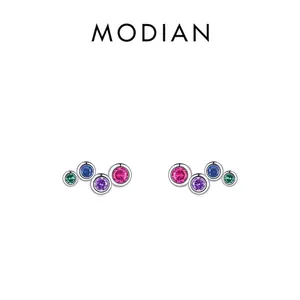 Colorful Round Zirconia 925 Sterling Silver Stud Earrings Curved Row Gradient Minimalist Jewelry For Women