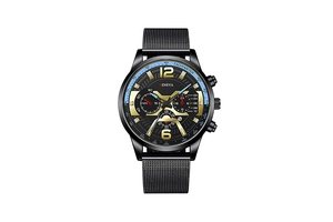 Macro detail of chronograph watch dial with gold markers and black mesh steel strap