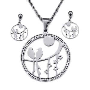 Elegant stainless steel necklace and earrings set featuring birds on branch with round crystal