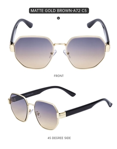 Front and 45-degree views of square frame sunglasses in matte gold with brown gradient lenses