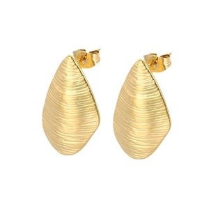 Minimalist gold teardrop earrings with textured stripes in stainless steel for women