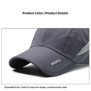 Detail of grey sports cap showing breathable mesh panels and extended shaped brim