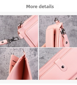 Detail view of pink multi-functional long wallet featuring card slots and zipper pocket