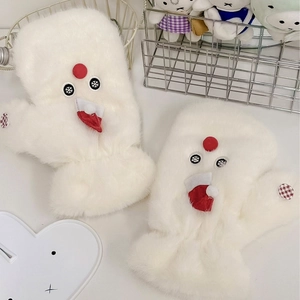 Cute white plush snowman mittens with red hat and snowflakes for winter warmth